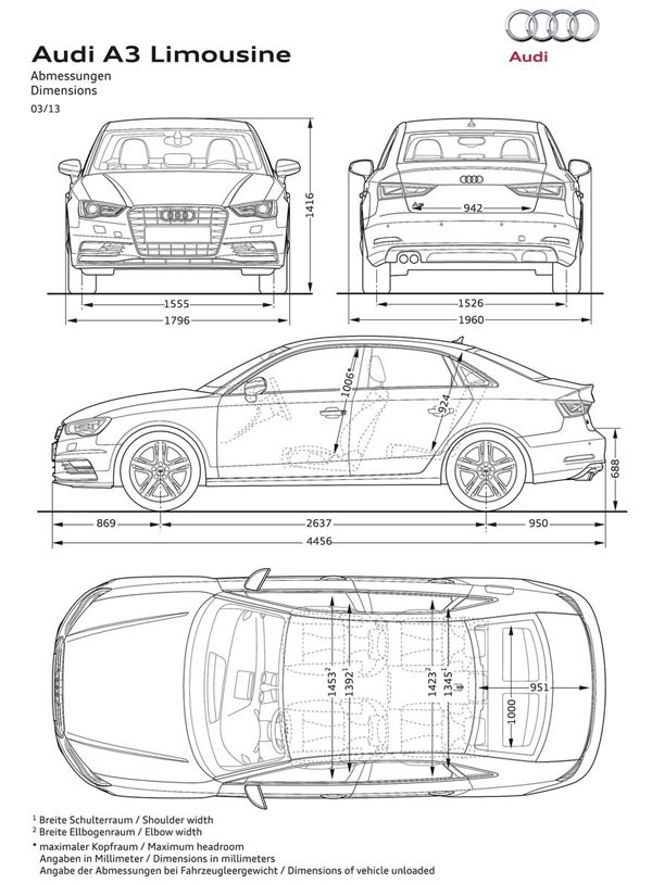Внешние и внутренние размеры автомобиля Audi A3 Sedan